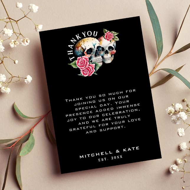 Skulls & Rose Black Wedding Dankeskarte (Skulls & Roses Black Wedding Thank You Card)