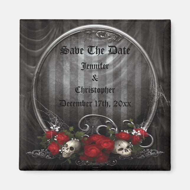 Skulls & Rose Gothic Save the Date Hochzeitsmagnet Magnet (Vorne)