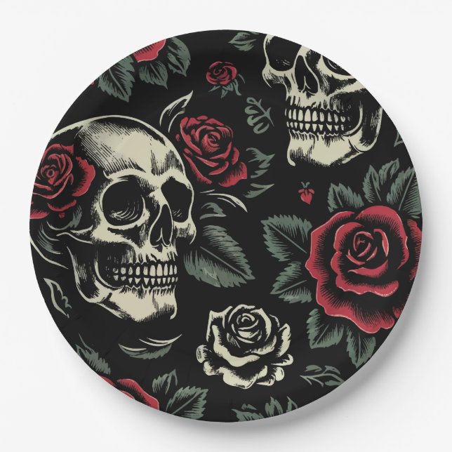 Skulls & Rote Rosen Gothic Floral Pappteller (Vorderseite)