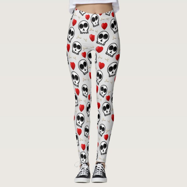 Skulls & Rotes Herz Halloween Muster Leggings (Vorderseite)