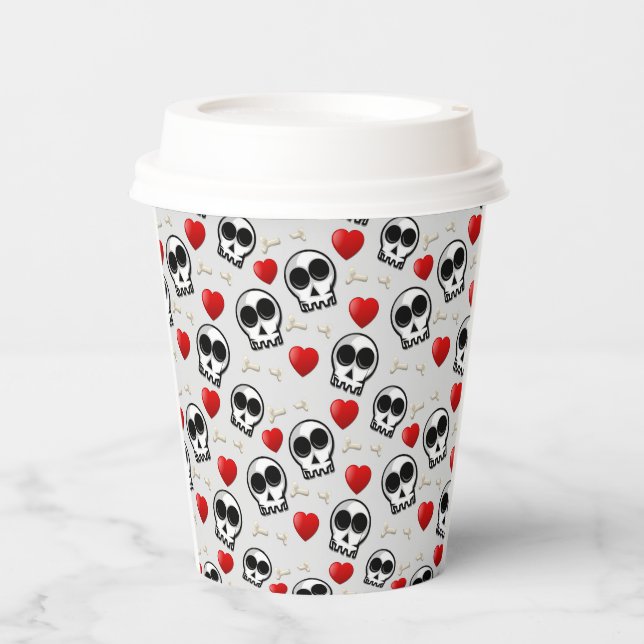Skulls & Rotes Herz Halloween Muster Pappbecher (Vorderseite)