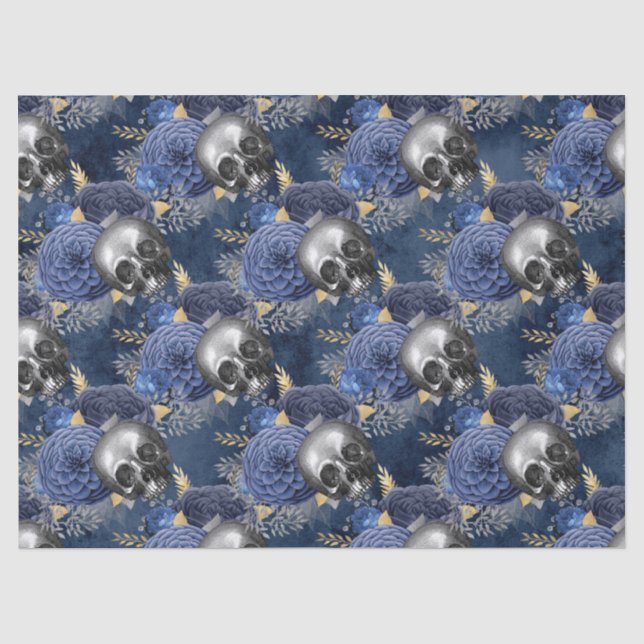 Skulls und Blaue Rose auf blauem Dekoupage Seidenpapier (Vorderseite)