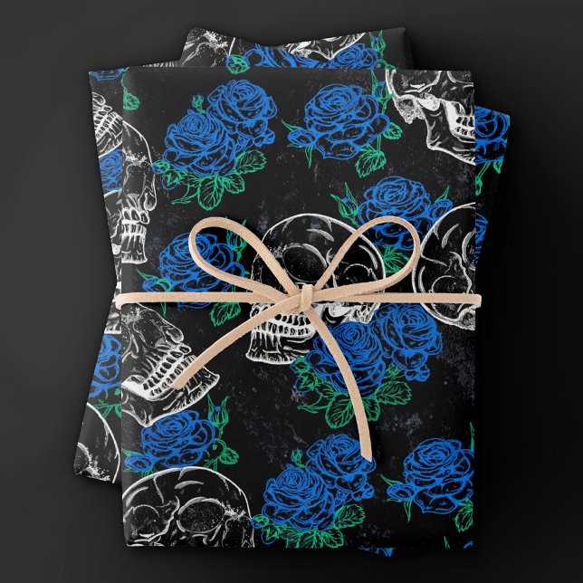 Skulls und blaue Rose | Cool Funky Dark Grunge Geschenkpapier Set (Von Creator hochgeladen)