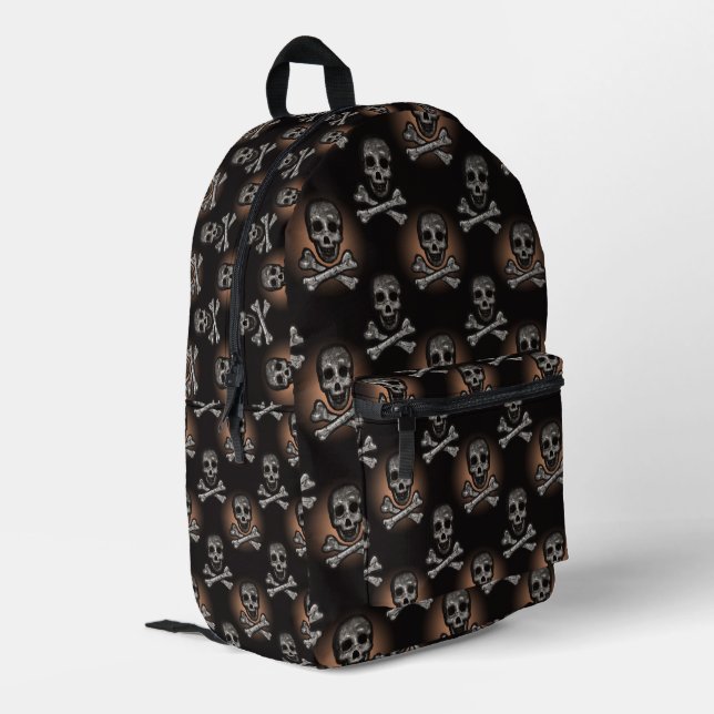 Skulls und Crossbones über Schwarze Dunkle Kunst Bedruckter Rucksack (Rückseitige Ecke links)