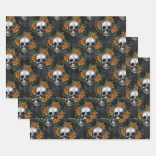 Skulls und Orange-Blume auf Charcol Geschenkpapier Set