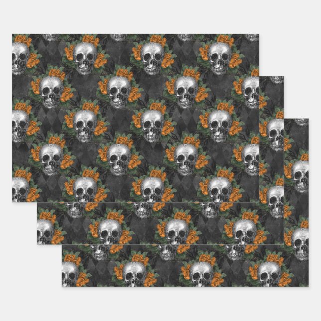 Skulls und Orange-Blume auf Charcol Geschenkpapier Set (Set)
