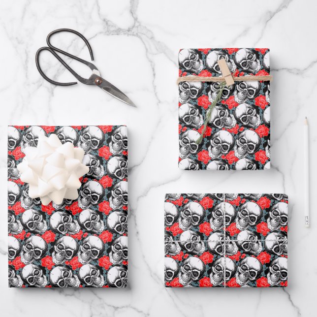 Skulls und Rote Rosen Geschenkpapier Set (Vorderseite)