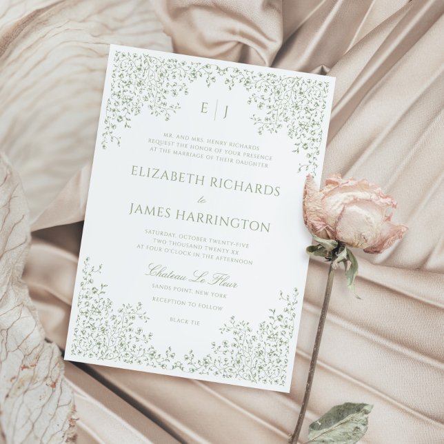 Skulptur Vintage Blumenlinie Sage Green Einladung (Von Creator hochgeladen)