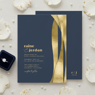 Skulpturale Wellen Hochzeit Gold Navy Blau ID1312 Einladung