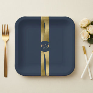 Skulpturale Wellen Hochzeit Navy Blau Gold ID1312 Pappteller