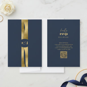 Skulpturale Wellen Hochzeit Navyblau Gold ID1312 RSVP Karte