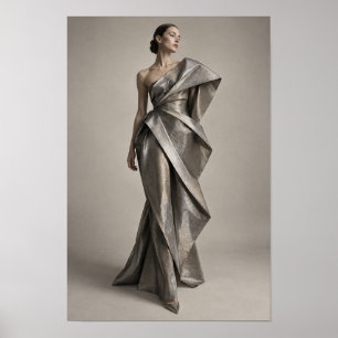 Skulpturales silbernes E Schulter Kleid Mode Wand Poster