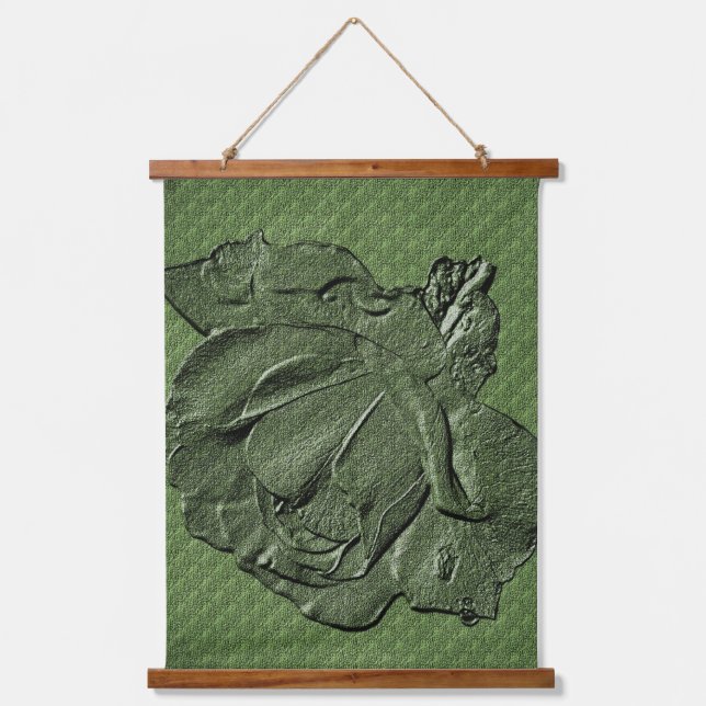 Skulptureneffekt Grüne Rosenknospe Blumenkunst Wandteppich Mit Holzrahmen (Vorderseite)