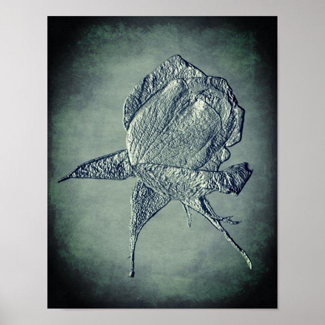 Skulptureneffekt Silver Rosenknospe Blume Art Poster (Vorne)
