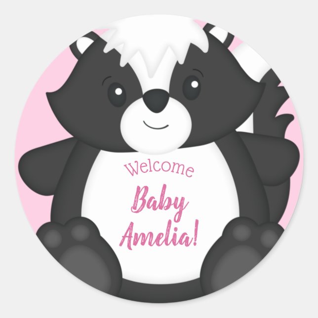 Skunk Baby Dusche Pink Runder Aufkleber (Vorderseite)