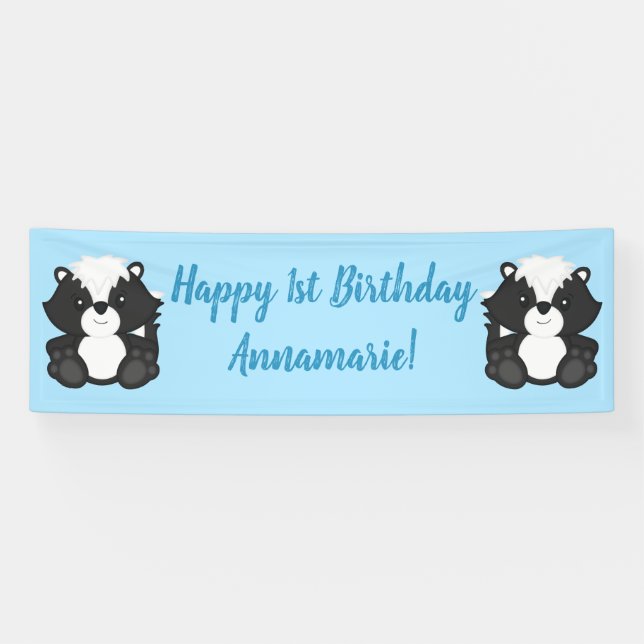 Skunk Birthday Party Blue Banner (Horizontal)