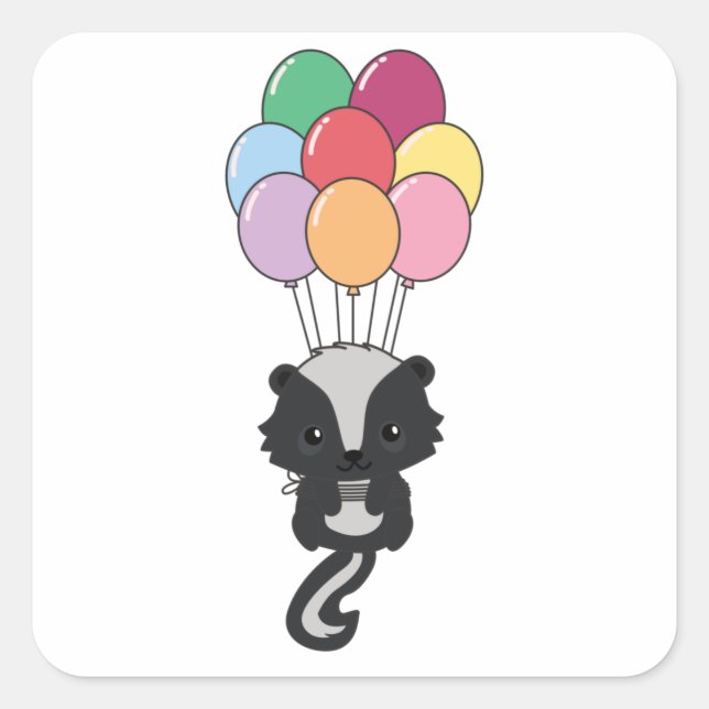 Skunk fliegt mit farbenfrohen Balloons zusammen Quadratischer Aufkleber (Vorderseite)