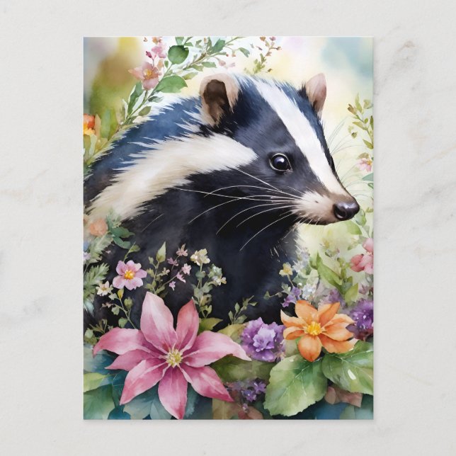 Skunk Floral Portrait Art Postkarte (Vorderseite)