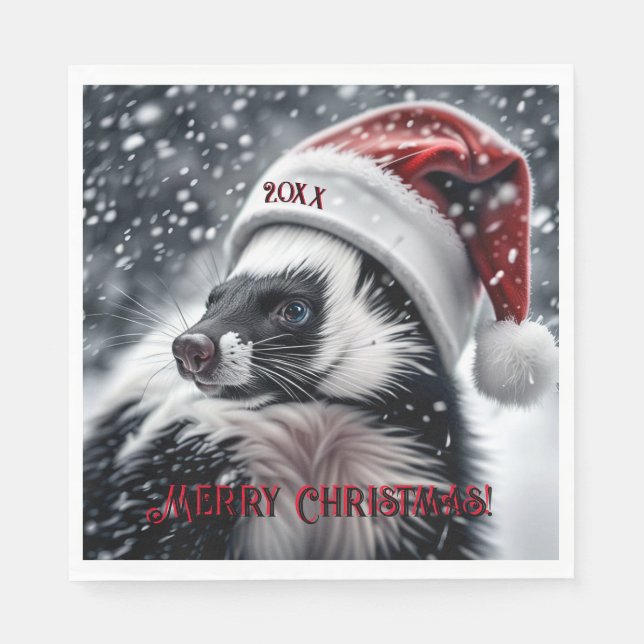 Skunk in Weihnachtsmannmütze Keramik Ornament Serviette (Vorderseite)