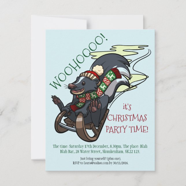 Skunk on a Sled Smelly Christmas Party Cartoon Einladung (Vorderseite)