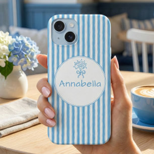 Skurril Blau Weiß Streifen Preppy Monogramm iPhone 15 Hülle