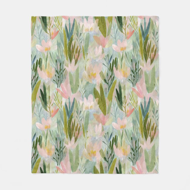 Skurril-grüne florale Wasserfarbe Fleecedecke (Vorderseite)