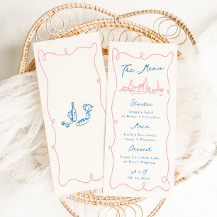 Skurril Handgezeichnete Blaue & Rosa Hochzeit Menükarte