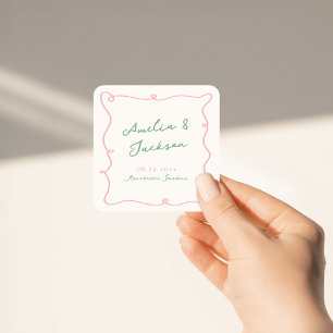 Skurril Handgezeichnete Grüne und Rosa Hochzeit Quadratischer Aufkleber