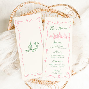 Skurril Handgezeichnete Hochzeit in Pink und Grün Menükarte