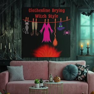 Skurril-Hexen-Wäscheleine-Halloween-Grafik-Kunst Leinwanddruck