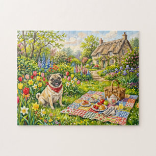 Skurril illustrierte Pug im Cottage-Garten-Picknic