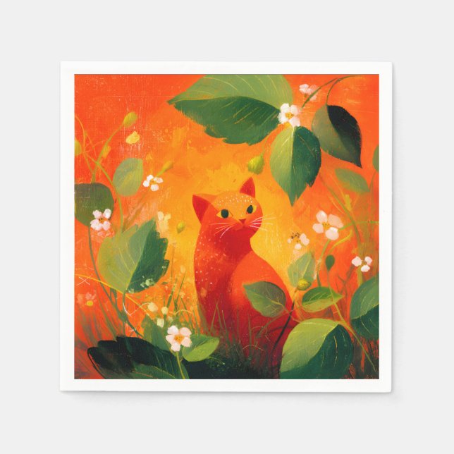 Skurril-Rote-Katz-Blumen-Garten Serviette (Vorderseite)