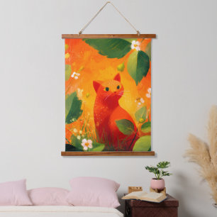 Skurril-Rote-Katze-Wildblumengarten Wandteppich Mit Holzrahmen
