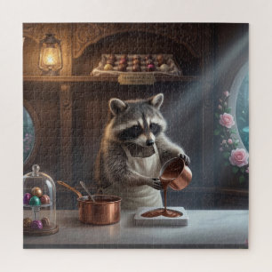 Skurril Schokoladenladen-Diorama mit Waschbär