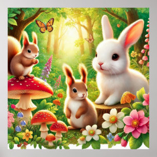 Skurril Waldszene mit Kaninchen und Eichhörnchen Poster