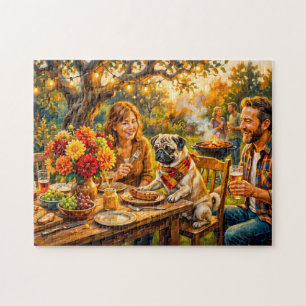 Skurrile Familien-BBQ-Terrassen-Mops-Illustration