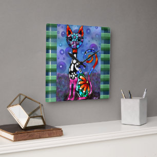 Skurrile großäugige funky abstrakte Kitty-Katze Quadratische Wanduhr