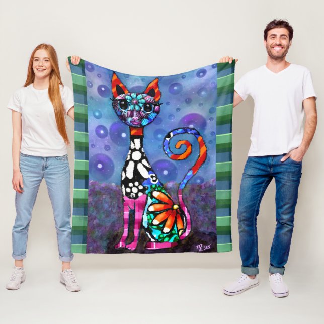 Skurrile großäugige funky Kitty-Katze Abstract Fleecedecke (Beispiel)