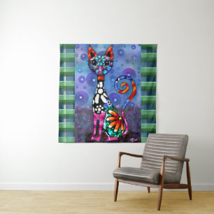 Skurrile großäugige funky Kitty-Katze Abstract Wandteppich