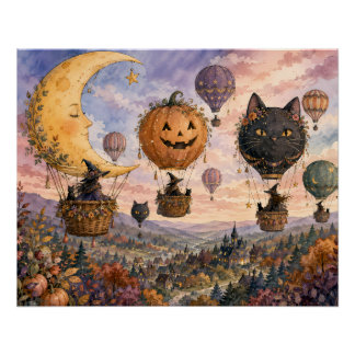 Skurrile Halloween-Fantasie-Heißluftballon Poster