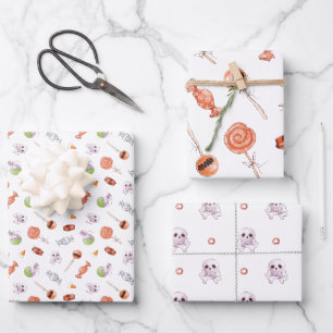 Skurrile Halloween-Süßigkeiten und Totenkopf-Muste Geschenkpapier Set