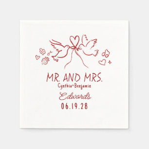 Skurrile handgezeichnete Liebesvögel Hochzeitsserv Serviette