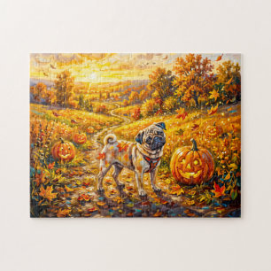 Skurrile Herbst-Kürbisweg-Mops-Illustration
