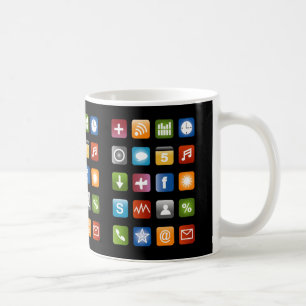 Skurrile Kaffeetasse mit Symbolen von Social-Media