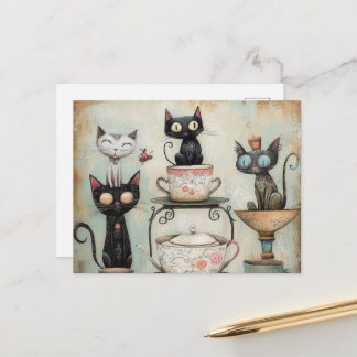 Skurrile Katzen-Teeparty Postkarte