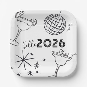 Skurrile Kritzeleien Hallo 2026 Neujahr Gold Pappteller