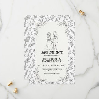 Skurrile Linienkunst Florale Save-the-Date-Karte Save The Date