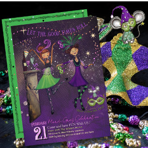 Skurrile Mardi-Gras-Tanzmädchen in Grün und Lila Einladung