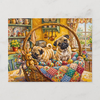 Skurrile Osterkörbchen-Mops-Hunde-Illustration Feiertagspostkarte