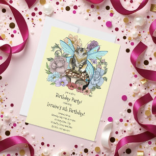 Skurrile Pastell-Tabby-Fee-Katze Blumen-Fantasie  Einladung